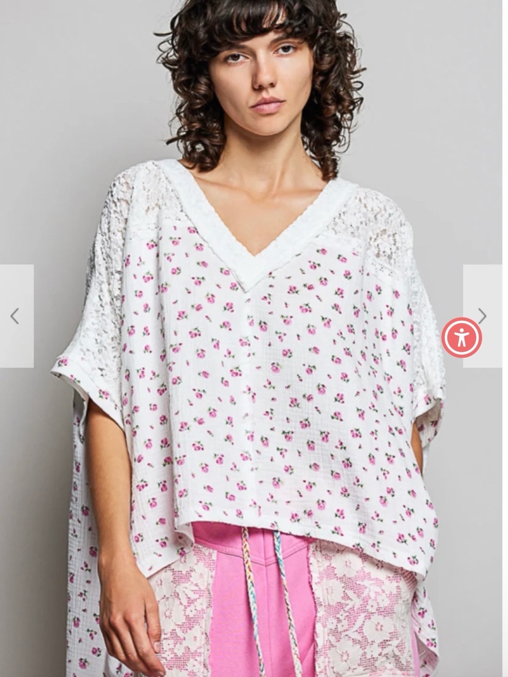 NWOT. POL Cream Gauze Blouse with Pink Rose Print